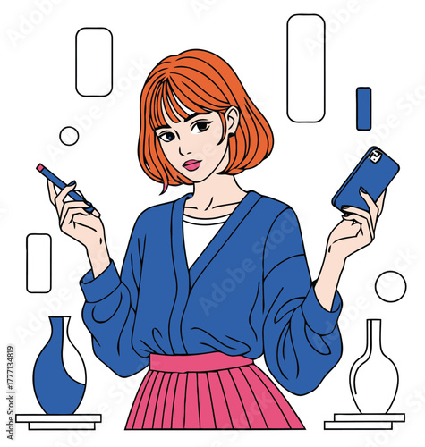 Girl holding lipstick and phone in casual style