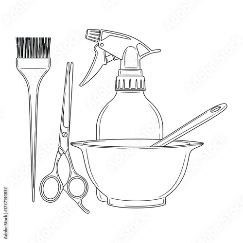 Hairdressing tools in black and white line art style for beauty salon or hairdresser use