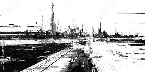 Glitch art cityscape with distorted digital noise and abstract urban skyline in black and white contrast.