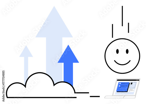 Cloud with blue arrows symbolizing growth, smiling face descending onto laptop. Ideal for technology, innovation, growth, business, progress, user experience positivity. Simple flat metaphor