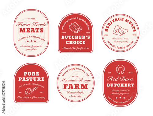 A set of logos for butcher shops highlighting the freshness of local produce and the high quality of meat from family farms. Each logo highlights the farm s unique characteristics and heritage.
