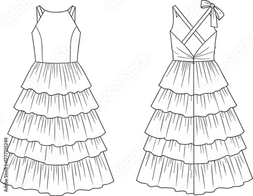 Layered ruffle tiered maxi dress with bow tie back, sleeveless design, girls party dress fashion flat vector illustration