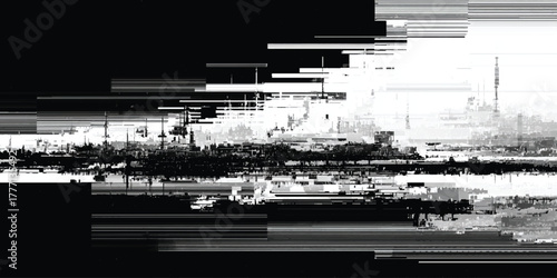 Glitch art cityscape with distorted digital noise and abstract urban skyline in black and white contrast.