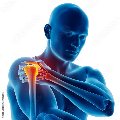 Anatomical illustration of a human shoulder joint with highlighted inflammation and pain, isolated on transparent background