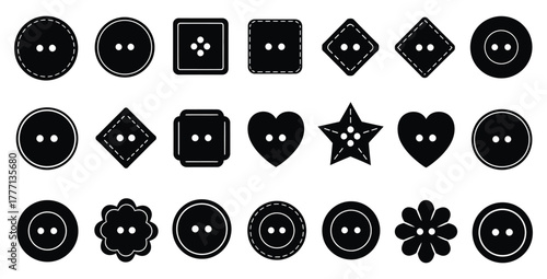 Collection of various black and white sewing buttons in different shapes and sizes