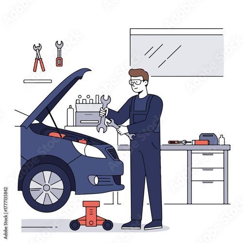 An auto mechanic wearing overalls and safety glasses holds wrenches while working on a car with its hood up
