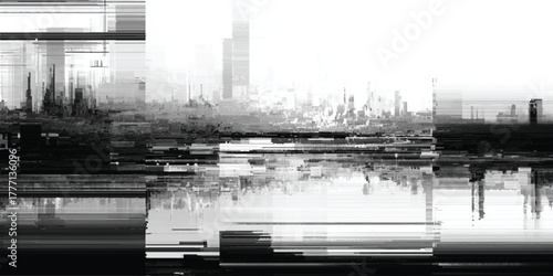 Glitch art cityscape with distorted digital noise and abstract urban skyline in black and white contrast.