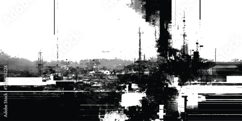 Glitch art cityscape with distorted digital noise and abstract urban skyline in black and white contrast.