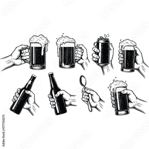 Hands holding beer glasses bottles can and spoon in a black and white vector illustration