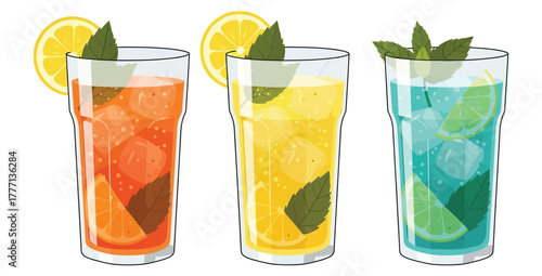 Three refreshing summer cocktails with ice cubes citrus slices and mint leaves illustration