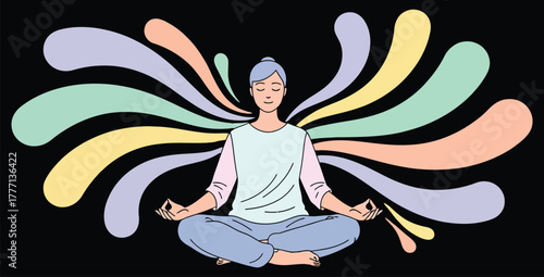 Woman meditating with colorful aura streams radiating from her body on a black background