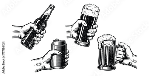 Hands holding beer bottle can pint glass and mug in vintage engraved style illustration