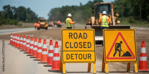 Road Construction Signs and Safety Cones on Roadway