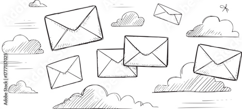 Hand drawn envelopes flying through clouds mail sketch