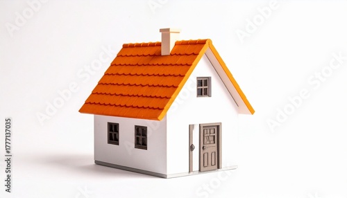 Wallpaper Mural A small white house with a red gabled roof, chimney, skylight, brown-framed windows, and a brown front door on a gray foundation — clean, simple, cozy architecture. Torontodigital.ca