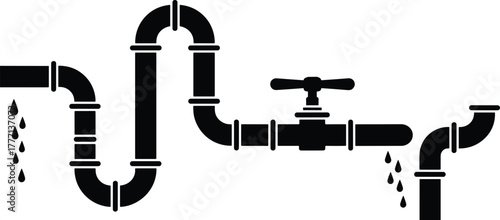 Leaking water pipes silhouette, plumbing system illustration, water leakage, pipe valve, dripping water drops, plumbing repair, plumbing maintenance vector