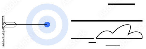 Arrow reaching bullseye in a blue target, clean lines, cloud, and motion. Ideal for precision, success, focus, strategy goal-setting vision achievement concepts. Simple flat metaphor