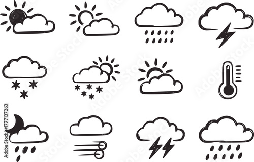 Weather icons clouds sun snow rain lightning thermometer