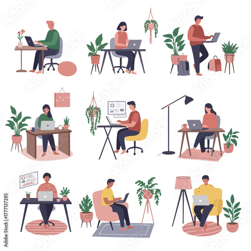 Nine illustrations of people using laptops in various homeoffice settings each with plants