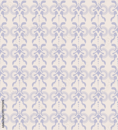 Seamless pattern with abstract lilac ethnic elements, reminiscent of ancient Russian painting, for printing on clothes, textiles, websites, presentations.