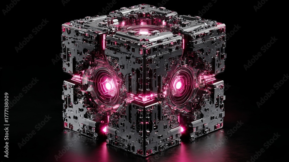 Fototapeta premium Intricate futuristic metallic cube with glowing pink energy core, advanced technology concept, dark background.