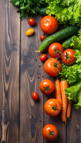 Vibrant vegetables arranged on dark wood
