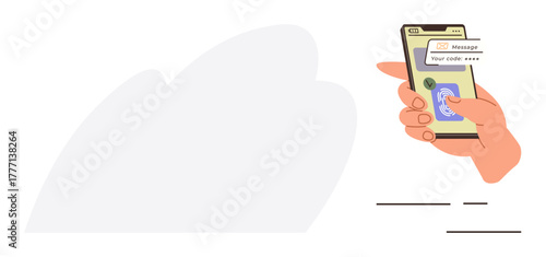 Hand holding smartphone displaying secure code in app. Ideal for security, technology, user authentication, digital privacy, online safety, verification process, simple flat metaphor