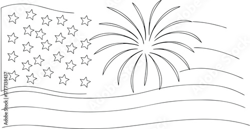 American flag with stars and firework outline drawing