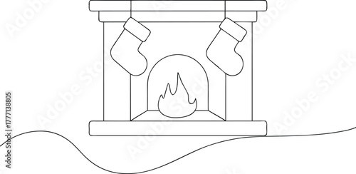Black and white line drawing of a fireplace with stockings and flames