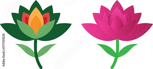 Two stylized lotus flowers one green with orange and red center and one pink with green leaves on white background