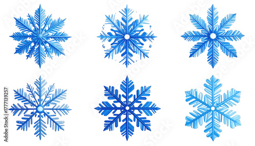 Six icy-blue snowflakes arranged on a stark black background