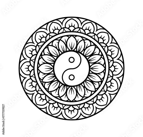 A serene, black-and-white mandala drawing centers on a classic Yin and Yang symbol, which is beautifully framed by two concentric rings of intricate, petal-like patterns