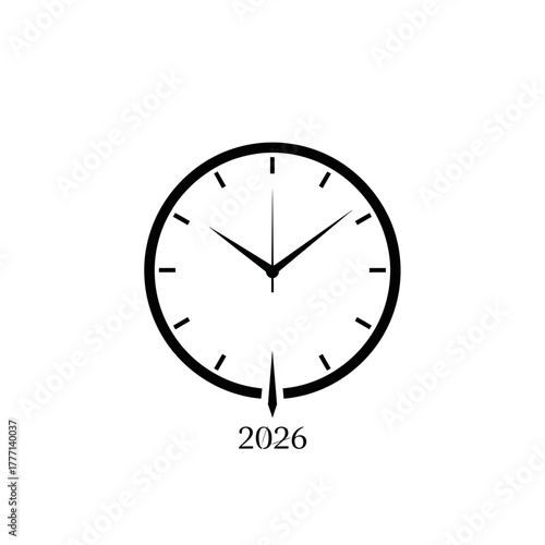 A minimalist clock face with hour and minute hands and the year 2026 at the bottom center
