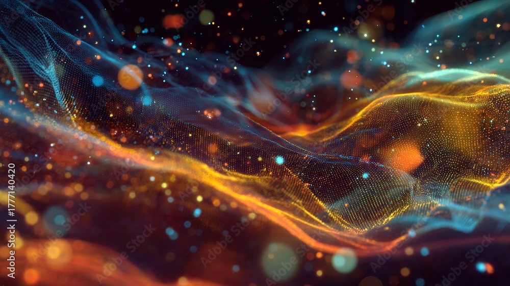 Fototapeta premium Dazzling abstract digital wave flow with vibrant glowing particles, creating a futuristic, dynamic, and energetic visual experience
