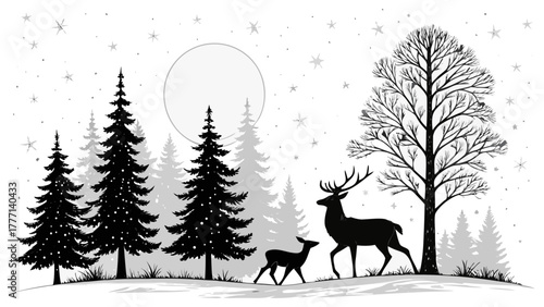 Majestic Deer Family Under Winter Moon Silhouette Art