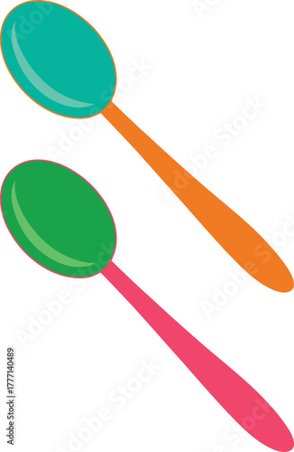 Two colorful cartoon spoons with bright orange and pink handles and teal and green bowls on a white background