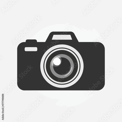 A minimalist black silhouette of a dslr camera with a prominent lens, isolated on a light gray circular background, representing photography