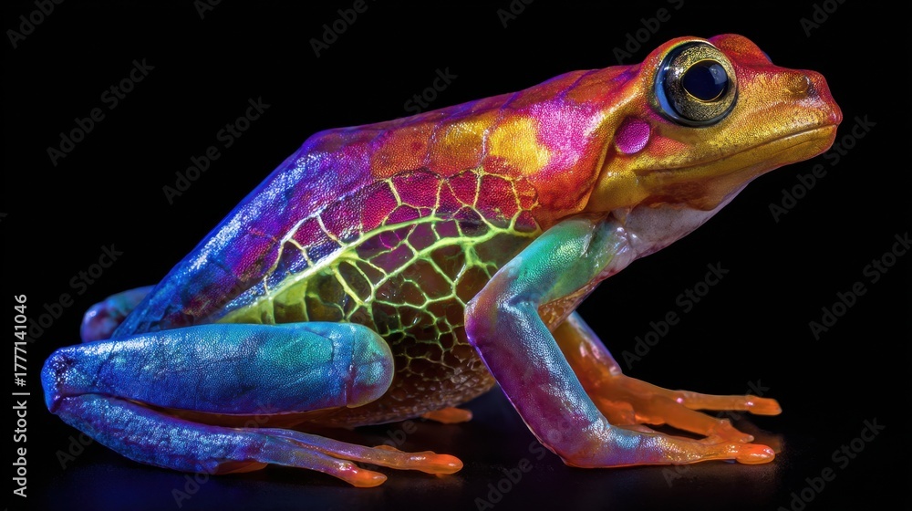 Fototapeta premium A stunning frog displays a mix of vibrant colors and patterns under low light creating an enchanting scene.