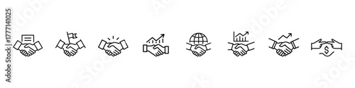Flat outline handshake partnership icon set showing trust collaboration, business deal agreement, global success, financial growth, teamwork connection, and strategic cooperation symbolizing unity
