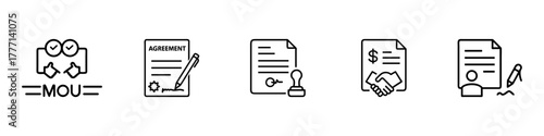 Agreement, MOU, and legal document outline icon set – contract, signature, approval, business deal, and official paperwork symbols