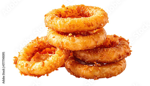 Stack of golden-brown fried onion rings, crispy and delicious