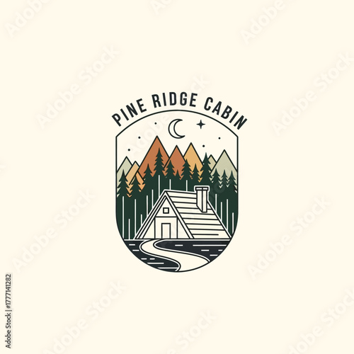 Pine Ridge Cabin logo with mountains and forest at night.