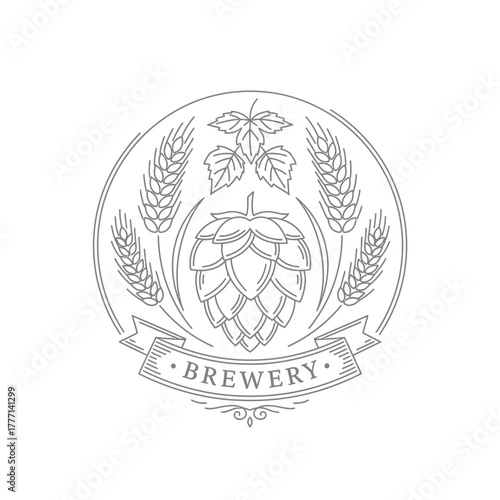 Brewery Emblem with Hops and Wheat in Line Art Style.
