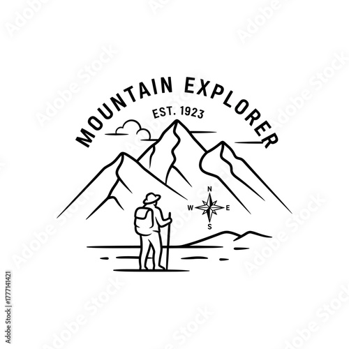 Mountain Explorer Logo Featuring Hiker and Compass.