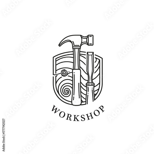 Workshop emblem featuring hammer and chisel tools for woodworking projects.