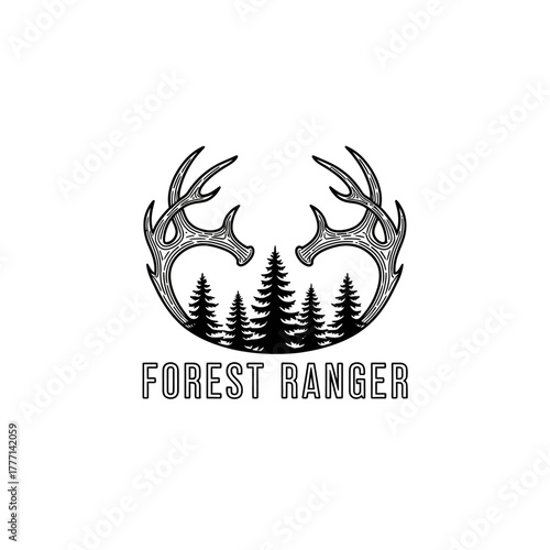 Forest Ranger Logo with Deer Antlers and Pine Trees.