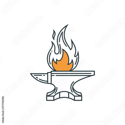 Stylized blacksmith anvil with a bright orange flame on top.