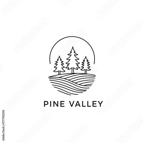 Pine Valley minimalist logo design with pine trees and hills line art.
