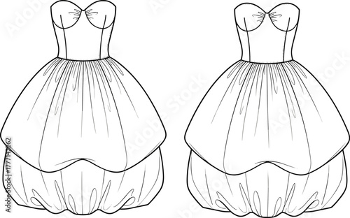 Strapless ball gown dress front and back view, princess style fashion sketch, voluminous layered skirt, formal cad drawing illustration