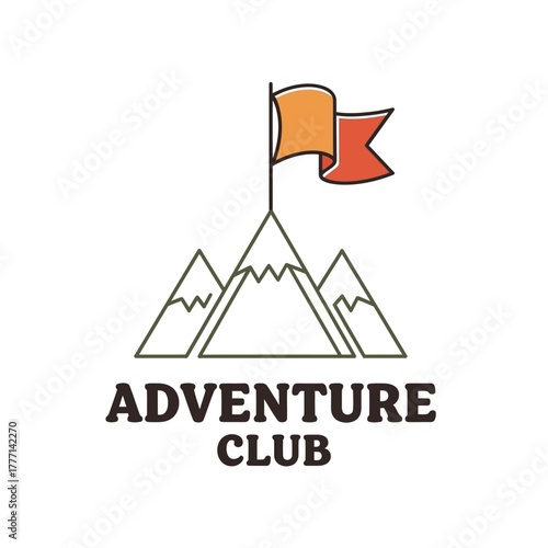 Adventure Club Logo Featuring Mountains and a Flag on the Summit.